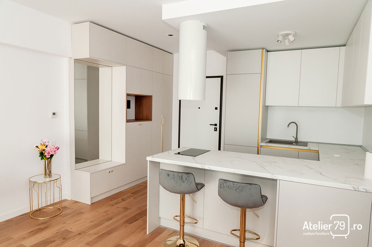 Bucatarie pentru apartament rezidential destinat inchirierii. Feronerie premium.